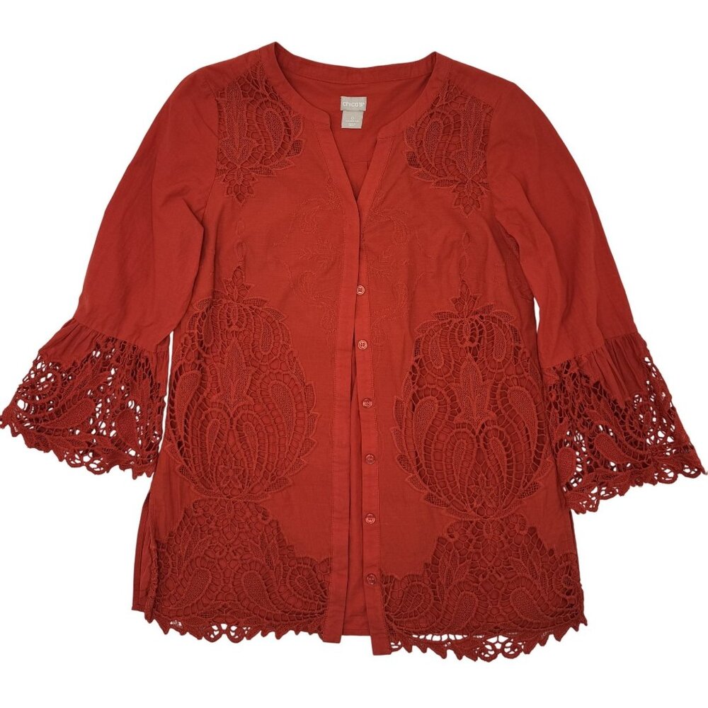 Chico's Rust Red Lace Embroidered Crochet Bell Sleeve Tunic Top Womans Size 0